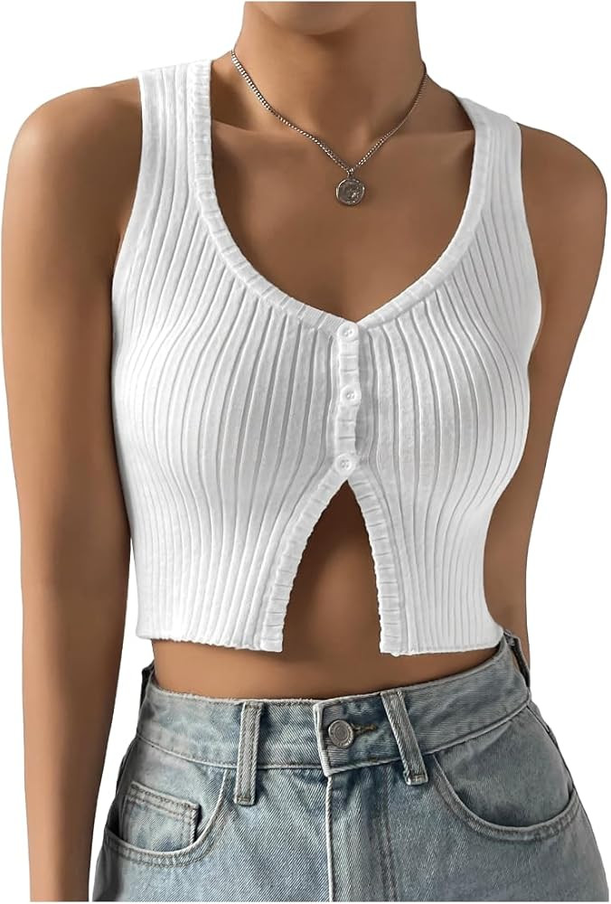COZYEASE Women's Button Front Ribbed Knit Crop Tank Top Scoop Neck Sleeveless Casual Plain Crop T... | Amazon (US)