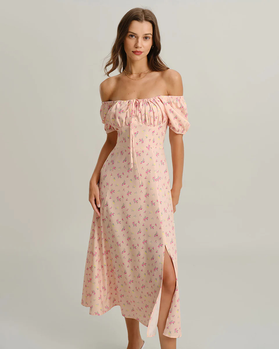 Pink Floral Square Neck Puffed Sleeve Midi Dress | rihoas.com