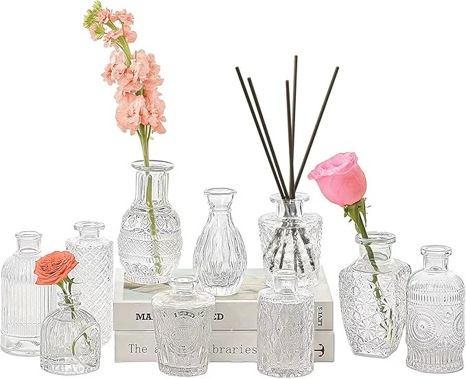 10 Glass Bud Vases, Clear, Vintage Style, Lightweight, Embossed Patterns - Mini Flower Vases for ... | Amazon (US)