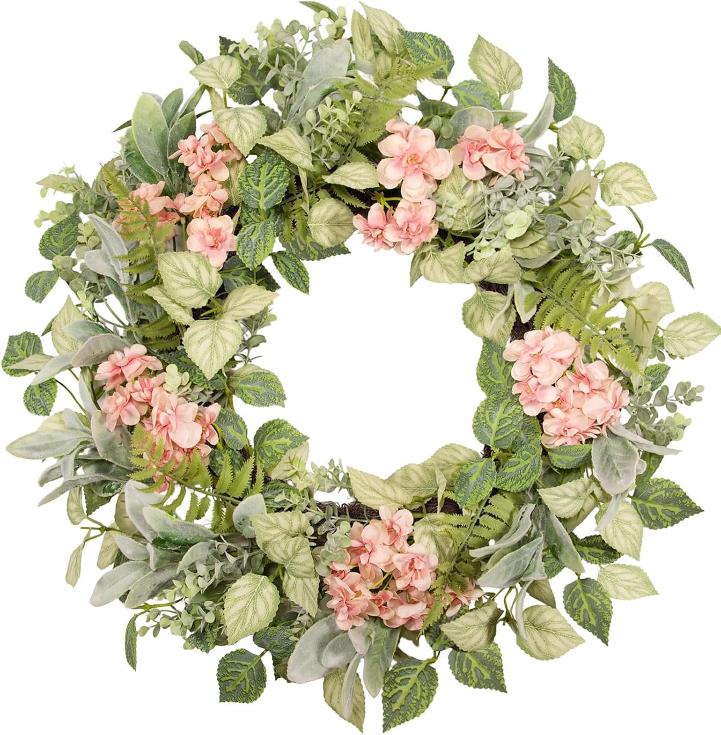 22 Inch Eucalyptus Wreath for Front Door, Spring Wreath with Lamb's Ear Leaves & Neutral Pink Dai... | Amazon (US)