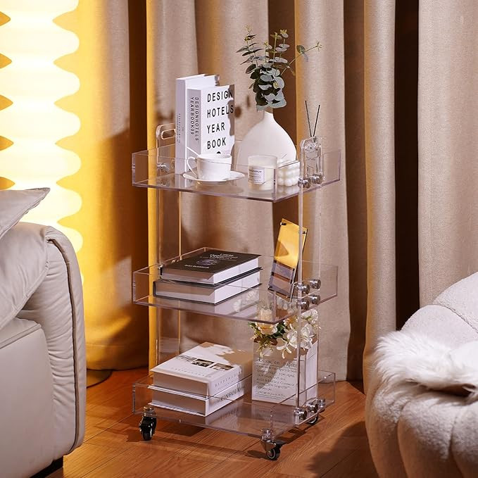 BOEASTER 3-Tier Acrylic Bar Cart,Storage Rolling Cart with Wheels,Clear Acrylic Side Table for Of... | Amazon (US)