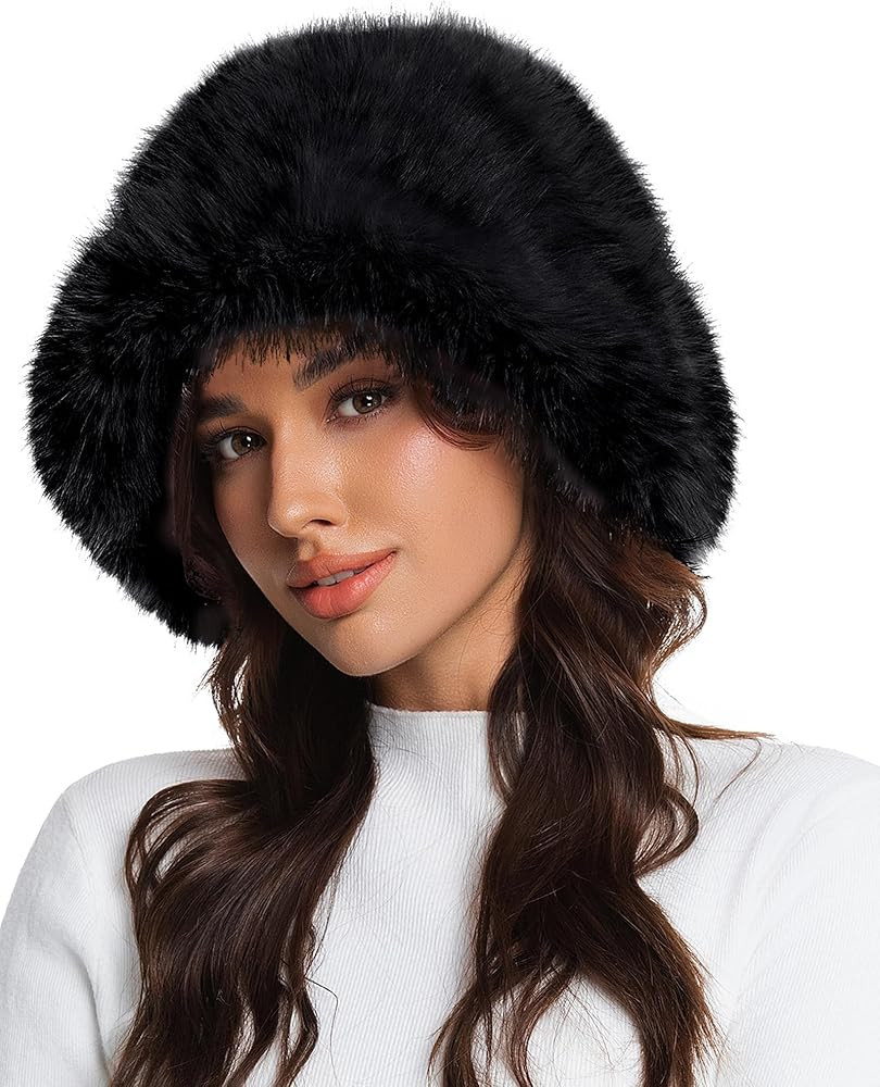 Faux Fur Bucket Hat for Women, Wide Brim Adjustable Fuzzy Fisherman Cap Long Pile Fluffy Winter F... | Amazon (US)