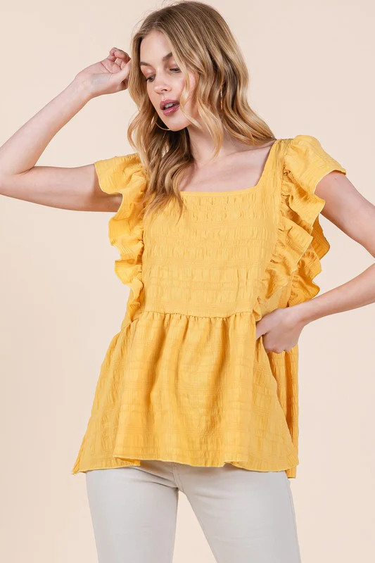 Ruffle Sleeve Textured Peplum Top Yellow / L | Casual Chic Boutique