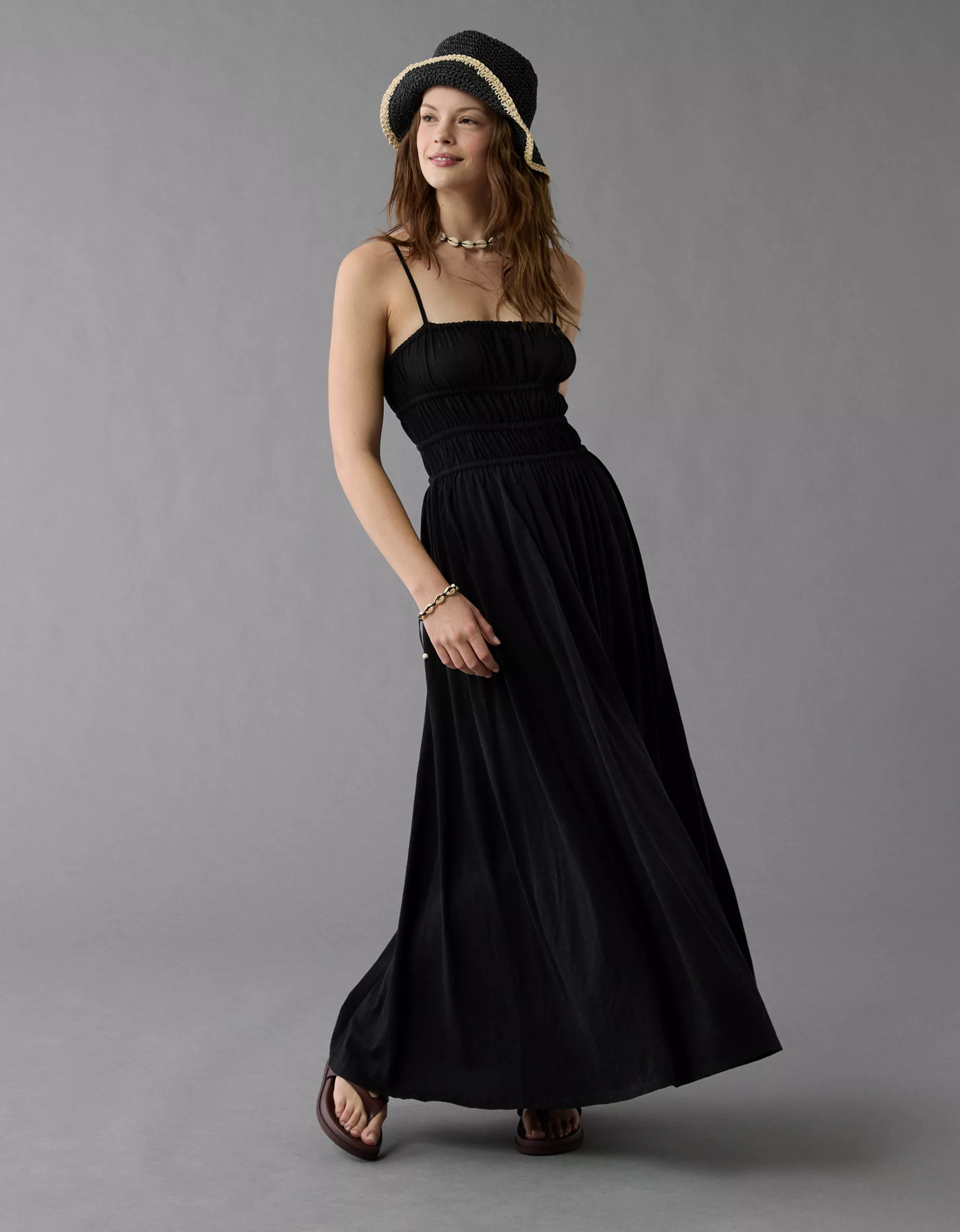 AE Sunchaser Knit Smocked Bodice Midi Dress | American Eagle Outfitters (US & CA)