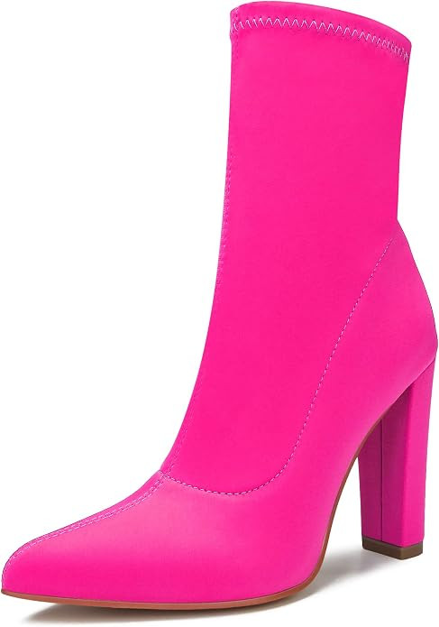 Women's High Heeled Booties Pointed Toe Mid Calf Ankle Boots Block Chunky Heels boot Stretch Fash... | Amazon (US)