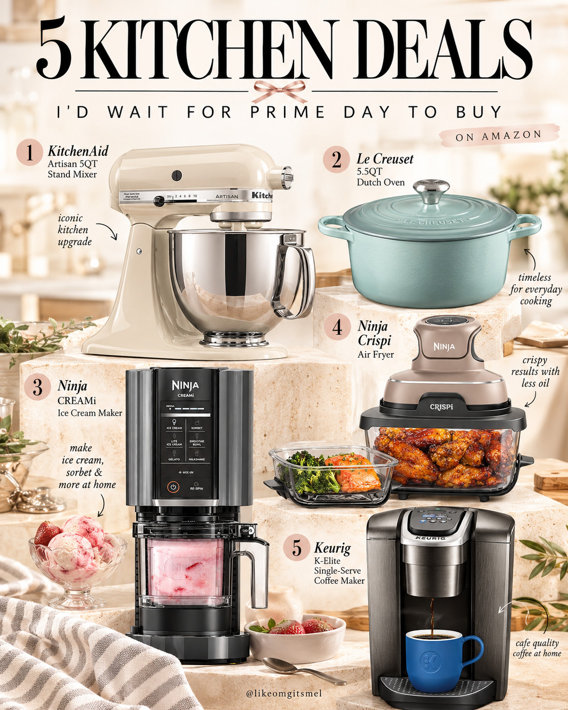 Prime Big Deal Days are Oct. 6–7 🛒 

If any of these kitchen upgrades are on your wishlist, I’d wait to buy and watch the price during the sale. 👀

5 Kitchen Deals to Watch:
🍰 KitchenAid Artisan 5-Qt Stand Mixer — the iconic baking upgrade for cookies, breads, cakes + more
🍲 Le Creuset 5.5-Qt Dutch Oven — a timeless piece for soups, braises, pastas + everyday cooking
🍦 Ninja CREAMi — homemade ice cream, sorbet, frozen yogurt + protein treats
🔥 Ninja Crispi Air Fryer — easy crispy meals + convenient glass cooking containers
☕ Keurig K-Elite — quick single-serve coffee for easy mornings at home

Add your favorites to your cart or wishlist now so they’re easy to price-check when Prime Big Deal Days go live. 🛒

📌 Save this for Prime Day kitchen deals + Amazon kitchen finds worth watching!

Everything is Linked! ↓

#LTKHome #LTKSaleAlert #LTKTravel