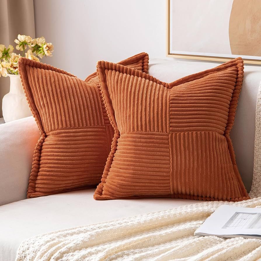 MIULEE Rust Pillow Covers 18x18 Inch with Splicing Set of 2 Super Soft Boho Striped Corduroy Pill... | Amazon (US)