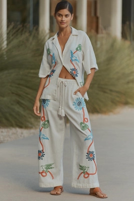 Celandine Embroidered Linen Blend Wide-Leg Pants | Anthropologie (US)