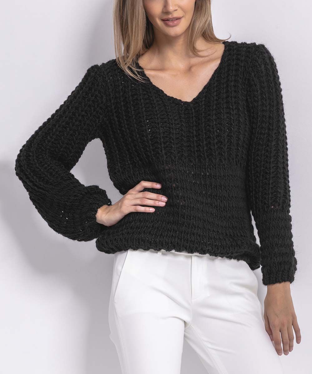 Fobya Women's Pullover Sweaters black - Black Waffle-Knit V-Neck Sweater | Zulily