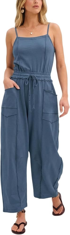 UANEO Women's Jumpsuit Adjustable Spaghetti Straps Summer Overalls Barrel Wide Leg Drawstring Rom... | Amazon (US)