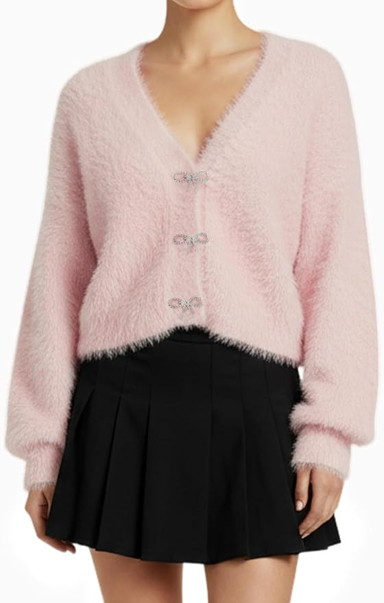 Yimoon Women's Crop Fuzzy Cardigan Sweater Bowknot Brooch Button Knit Cardigans V Neck Long Sleev... | Amazon (US)