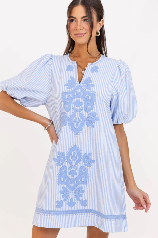 As Time Flies Blue Striped Embroidered Shift Dress | The Mint Julep Boutique