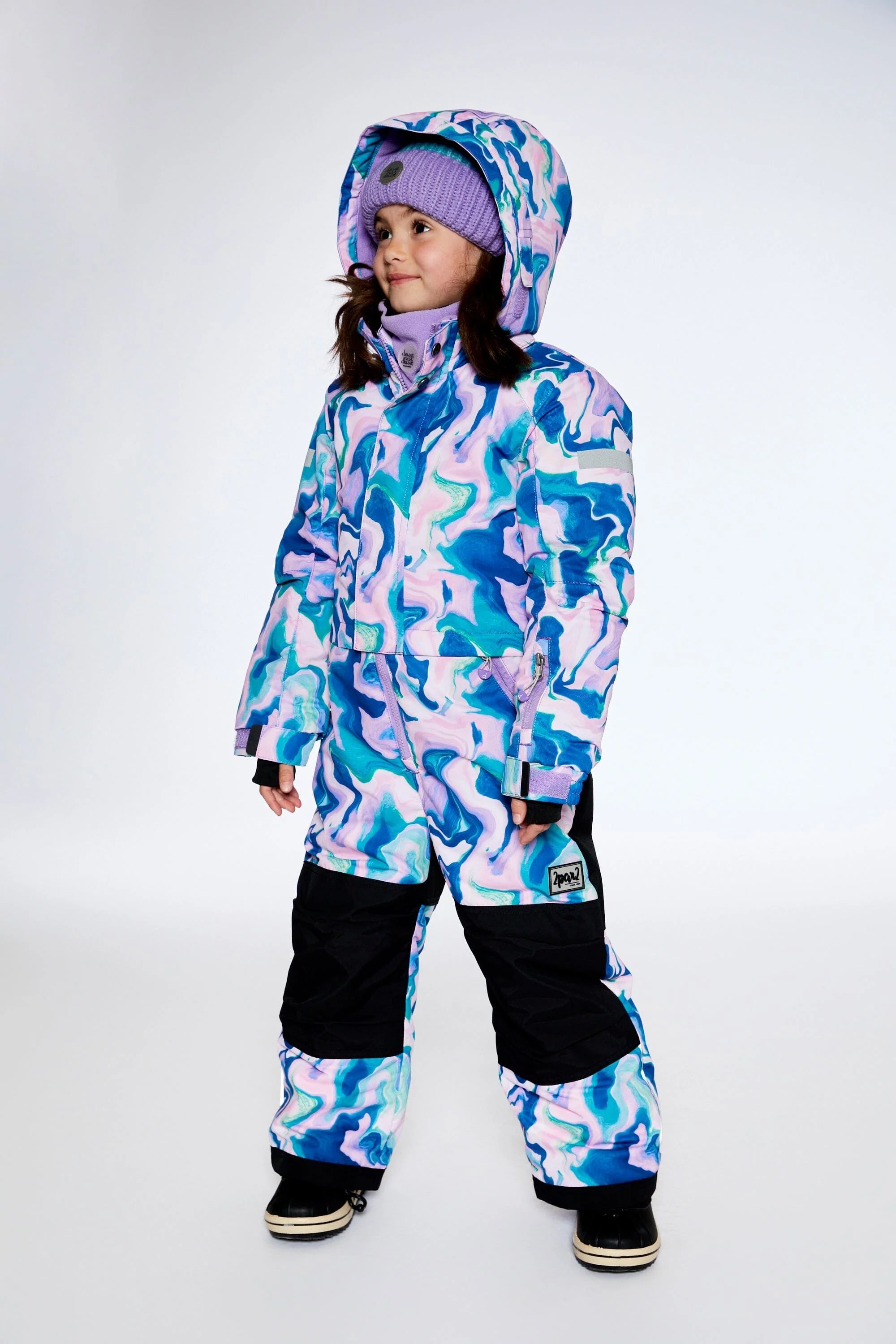 One Piece Snowsuit Aqua With Marbled Print | Deux par Deux Childrens Designer Clothing