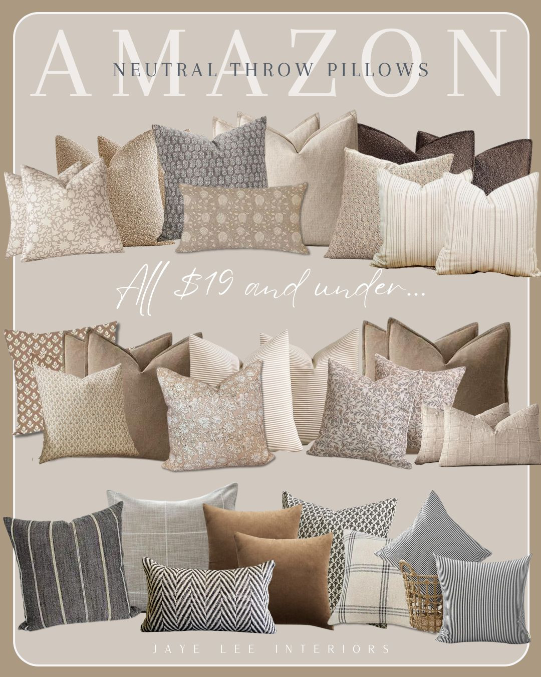 A neutral edit of affordable throw pillows from Amazon… Each priced at under $19! 
Amazon Throw pillows under $20, accent pillows, accent cushions, affordable pillows, pillow covers, fall decor, winter decor, home decor, pillow combinations, pillow collection, couch cushions, couch pillows, sectional sofa pillows, pillows and throws, Amazon winter throw pillows, Amazon throw pillows, neutral home decor, neutral throw pillows from Amazon, designer looks from Amazon, interior design ideas, designer looks for less, block print pillows, textured throw pillows, black and white throw pillows, striped pillows, brown throw pillows 

 

#LTKHome #LTKFindsUnder50 #LTKSaleAlert