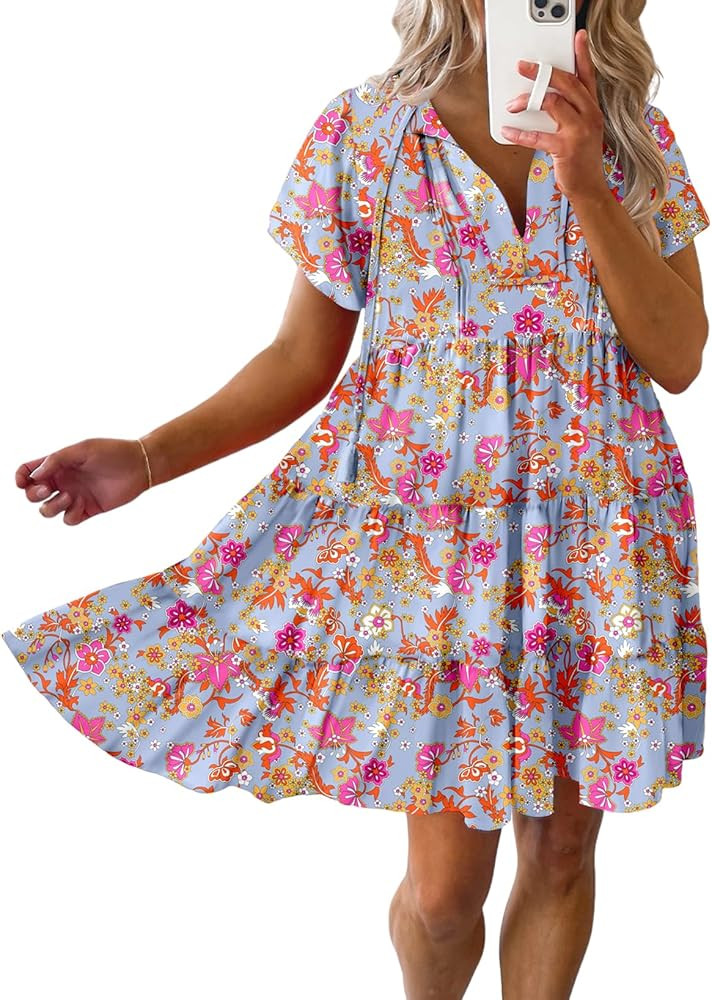 Dokotoo Womens Summer Casual Boho Floral Dresses V Neck Short Sleeve Sundresses Flowy Swing A-Lin... | Amazon (US)