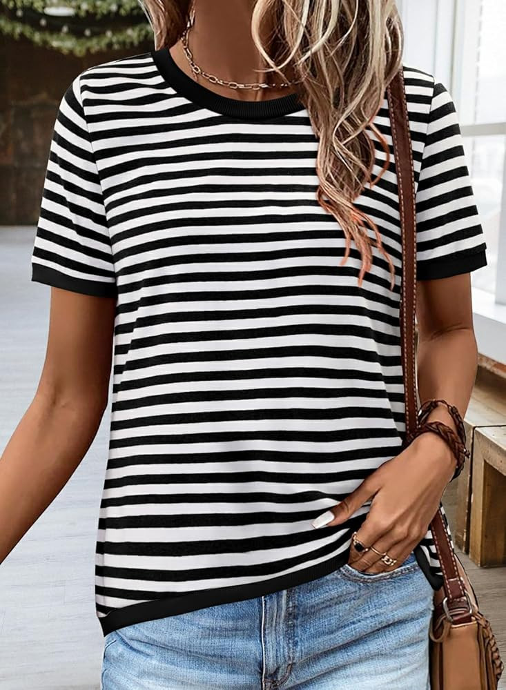 Womens Tops Fashion Casual Slim Fit Tshirts Black and White Striped Color Block Tees Short Sleeve... | Amazon (US)