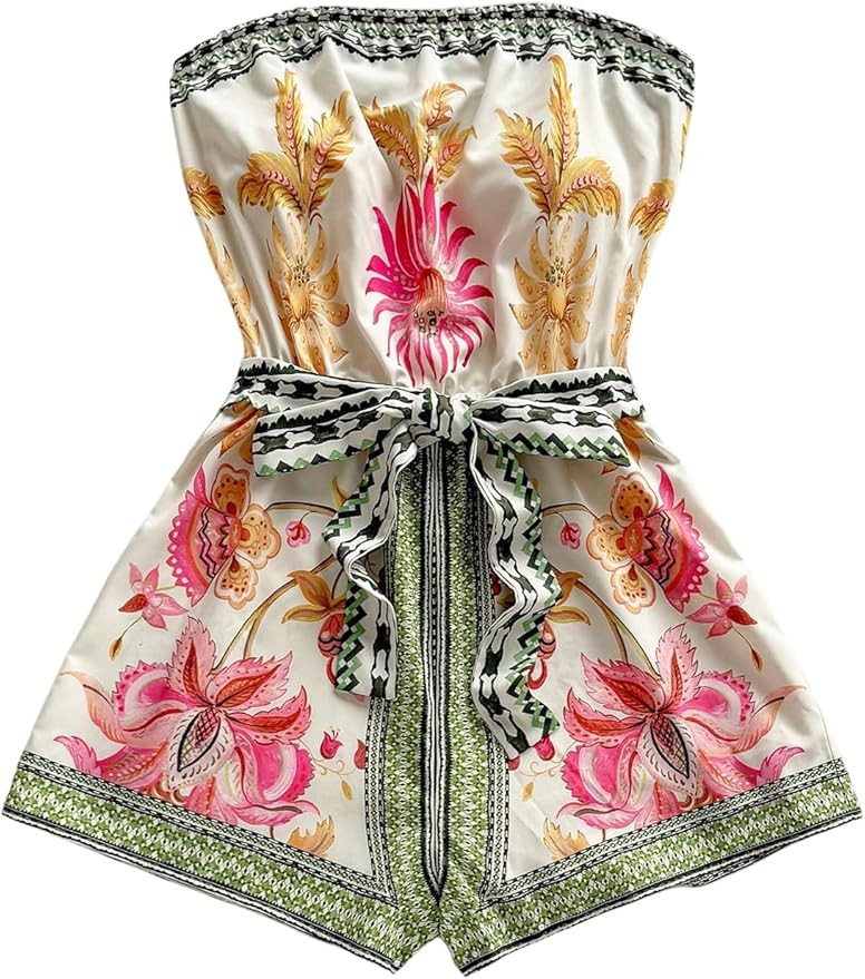 Floerns Women's Boho Floral Strapless Jumpsuit Sleeveless Vacation Short Belted Romper | Amazon (US)
