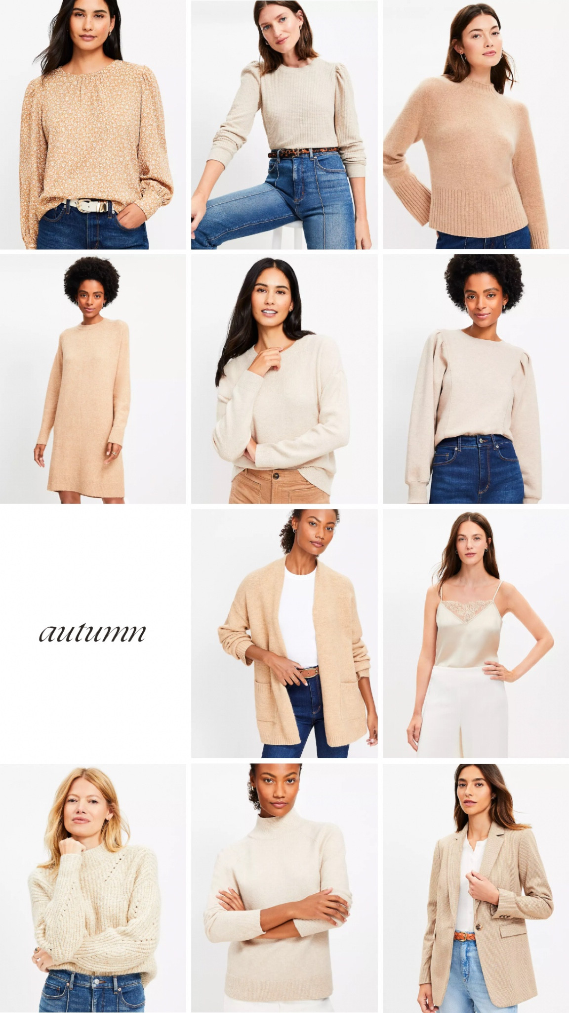 Autumn neutrals from Loft, off white, Tory, beige, khaki, cream, true autumn, soft autumn, dark autumn, warm autumn, camel, blazer, satin cami, lace, cardigan, long cardigan, sweater dress, turtleneck, puff sleeve sweater, floral, mixed media, workwear, professional, business casual, teacher style, cable knit, cozy, budget, plus size, midsize, petite

#LTKMidsize #LTKFindsUnder50 #LTKOver40