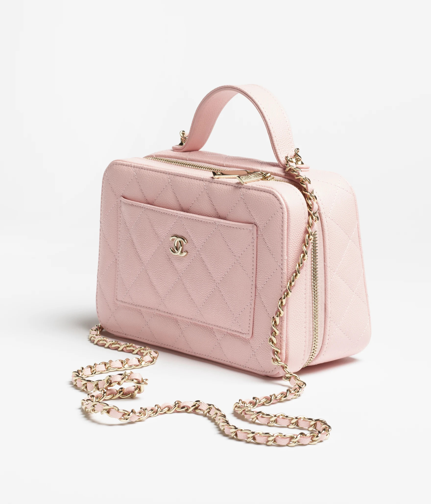 Vanity with chain - Grained shiny calfskin & gold-tone metal, light pink — Fashion | CHANEL | Chanel, Inc. (US)