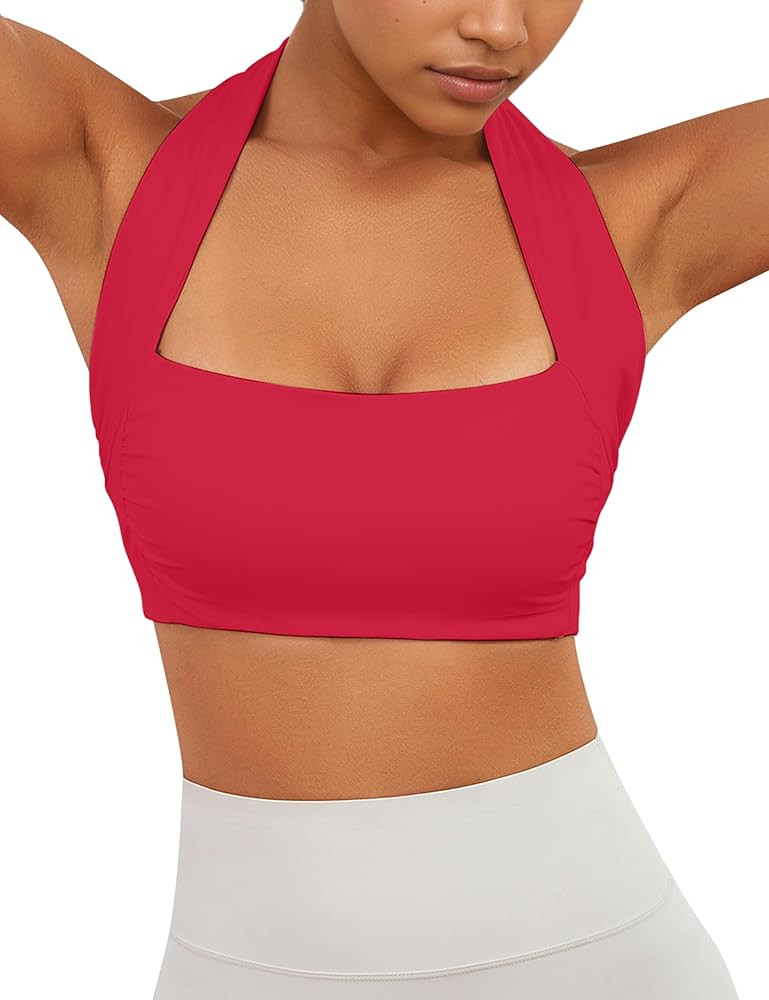 Womens Halter Sports Bra Square Neck Racerback Bras Seamless Padded Yoga Bra Workout Crop Tank To... | Amazon (US)