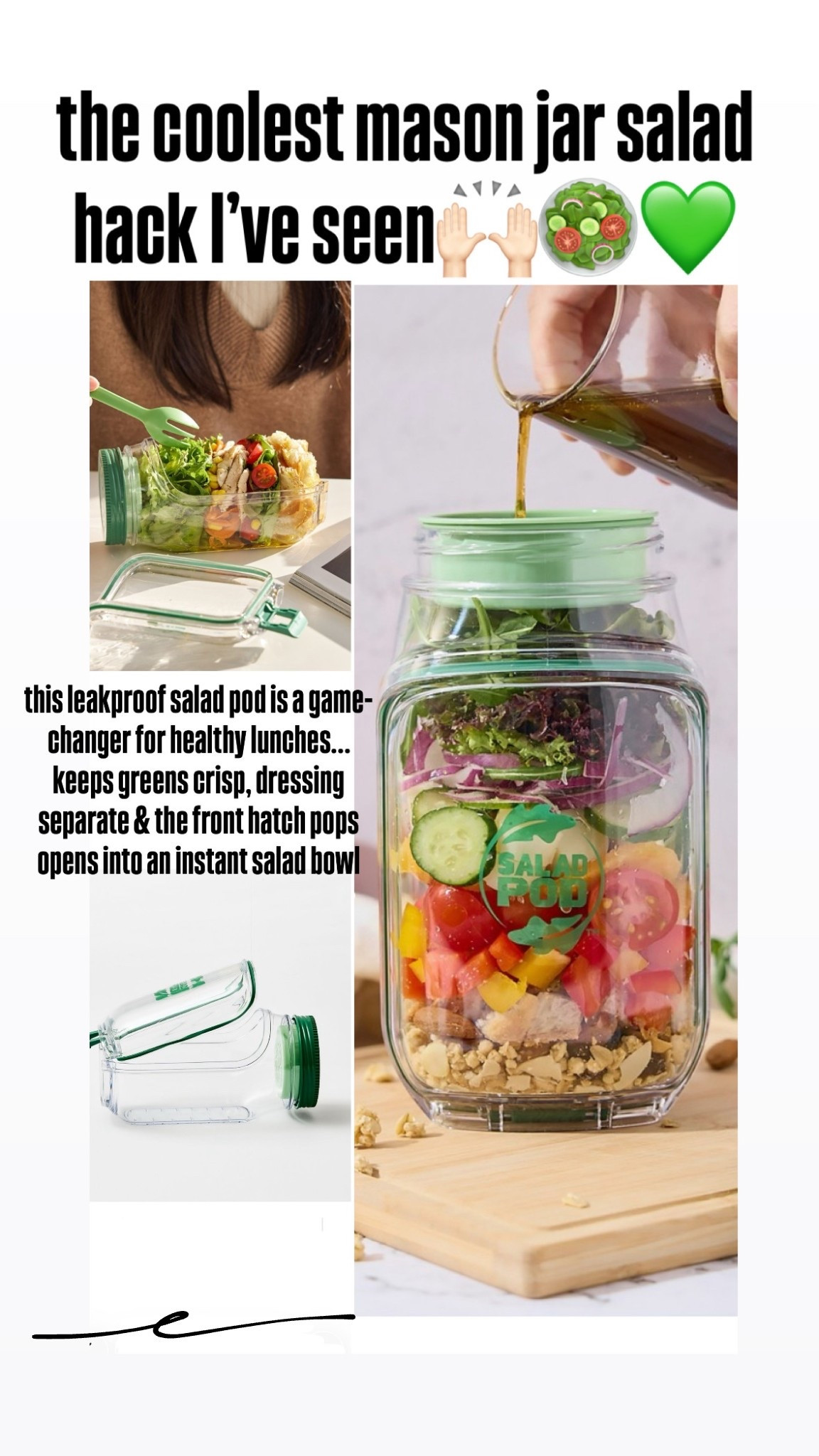 The coolest mason jar salad hack I’ve seen 🙌
This leakproof salad pod is such a game-changer for healthy lunches. It keeps greens crisp, dressing totally separate & the front hatch pops open to turn into an instant salad bowl. No soggy salads, no mess, no excuses.

Perfect for meal prep, busy mom days, work-from-anywhere lunches & staying on track with your new year greens goals. Consider this your instant lunch hour upgrade 🥗✨

Linked here 🤍

#LTKfoodie #LTKdayinmylife #LTKfitnessgoals