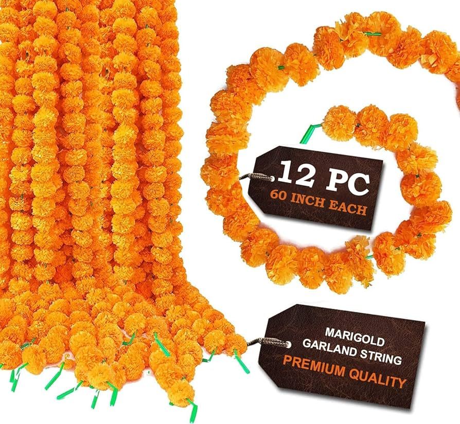 SATVIK 12 PC (5feet/60 inch) Artificial Marigold Flowers Garland for Indian/American Indoor/Outdo... | Amazon (US)