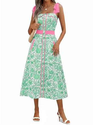 Wenrine Womens Summer Floral Midi Dress Casual Tie Strap Sleeveless Smocked Button Boho Flowy Bea... | Amazon (US)