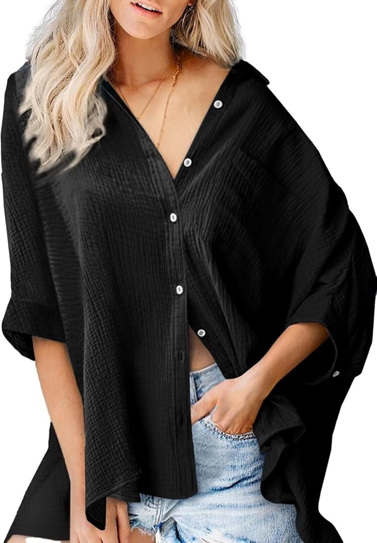 Astylish Womens Oversized Button Down Shirts 3/4 Sleeve Blouse Shirt with Pockets Cotton Cover Up... | Amazon (CA)