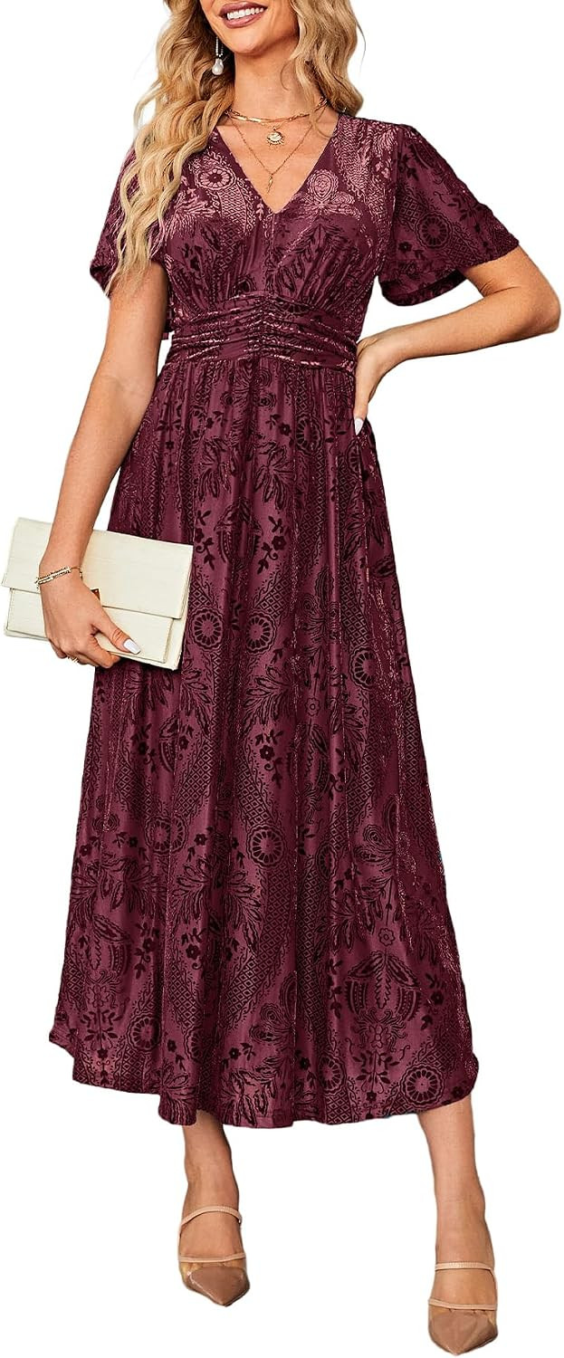 Simplee Women’s V Neck Velvet Maxi Dress Short Sleeve Empire Waist Long Formal Dress for Wedding Guest | Amazon (US)