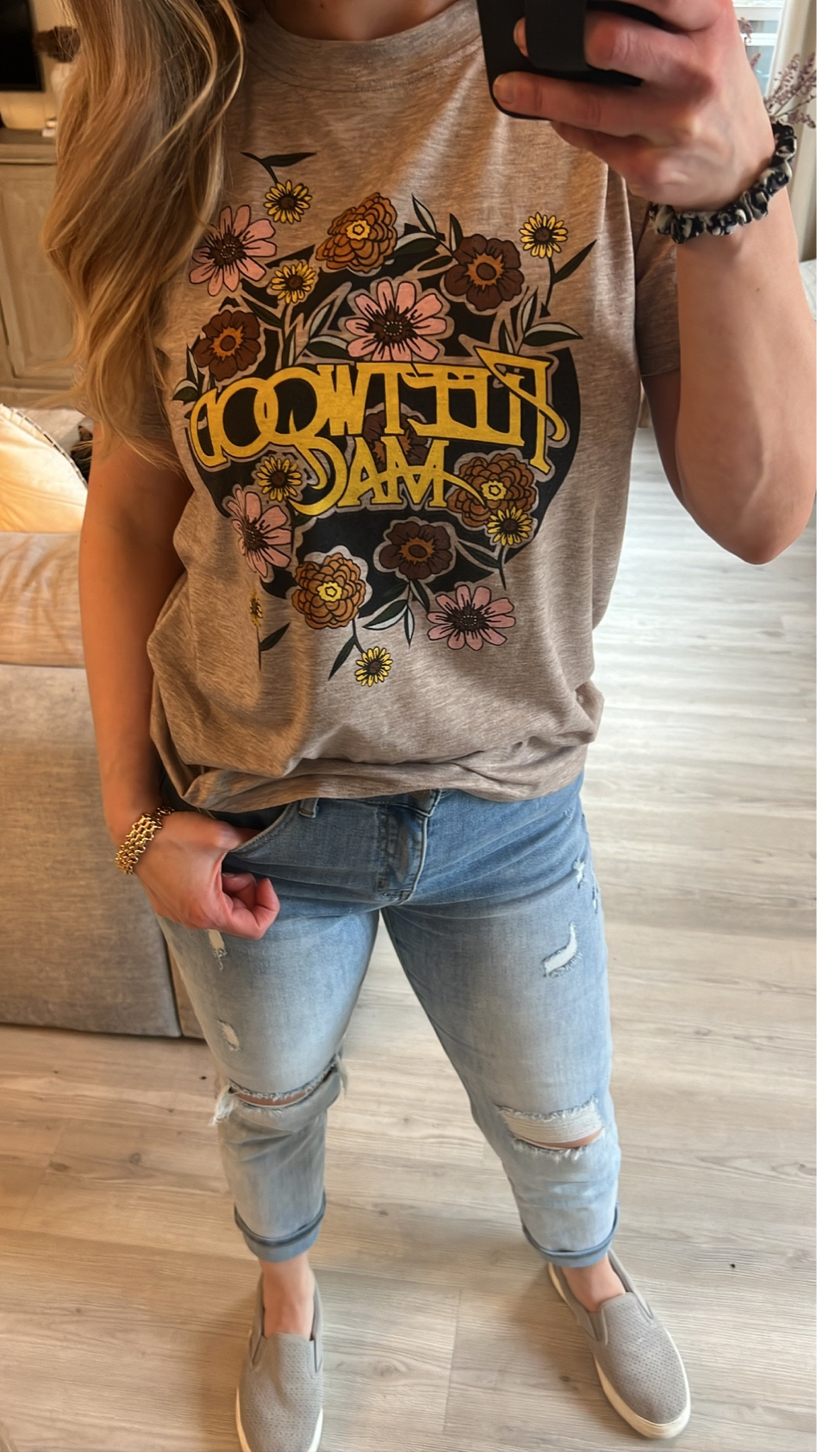 Casual Outift idea: Graphic tee and ripped jeans from Amazon. Wearing medium on top. Pants fit TTS wearing size 27. I’m 5’5” 135lbs. Gray slide on shoes fit TTS also. 

#LTKfit #LTKstyletip #LTKFind