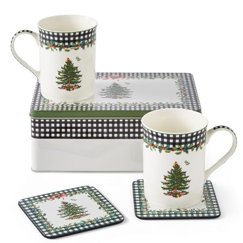 Spode Christmas Tree 5-Piece Mug & Tin Set – Fine China Mugs & Cork Coasters, Holiday Beverage Essentials, Festive Gift – For Christmas Coffee, Hot Cocoa, Tea, Tabletop Décor | Amazon (US)