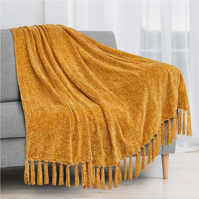 PAVILIA Chenille Tassel Fringe Throw Blanket | Velvety Texture Decorative Throw for Sofa Couch Be... | Amazon (US)