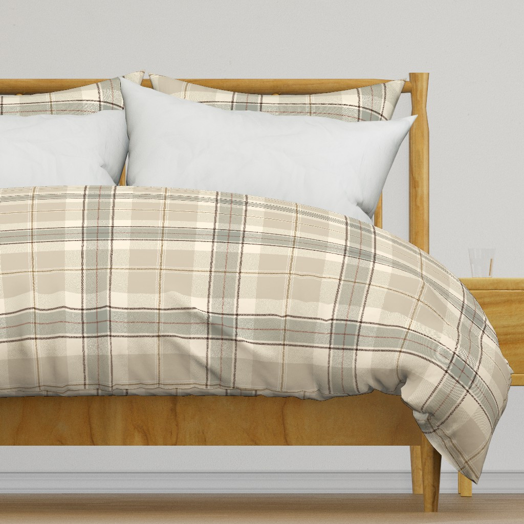 Duvet Cover in Large-Modern farmhouse cottage plaid in sage green and beige | Spoonflower