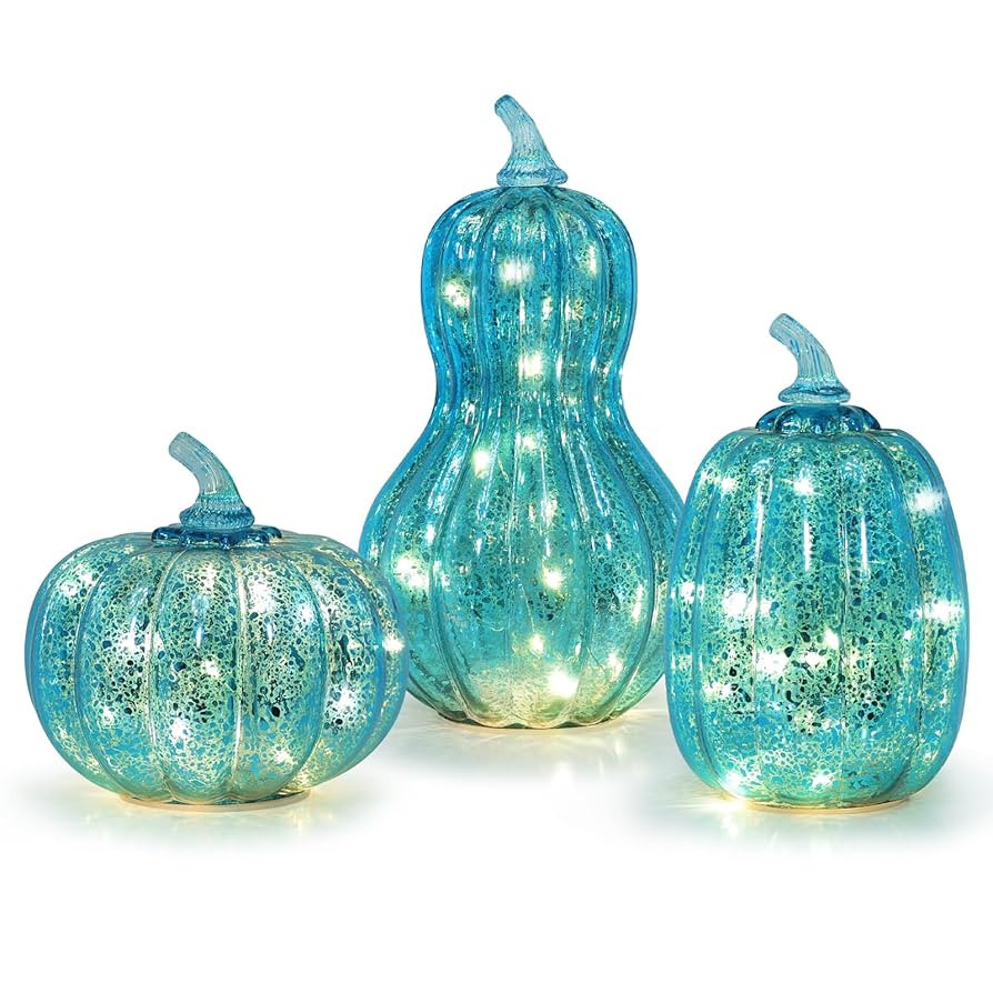 NEEDOMO Fall Decorations for Home, Set of 3 Blue Mercury Glass Pumpkin with Timer for Fall Thanks... | Amazon (US)