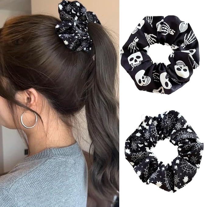 2 Packs Halloween Hair Scrunchies Black White Soft Elastic Satin Hair Ties Spooky Skull Hand Spid... | Amazon (US)