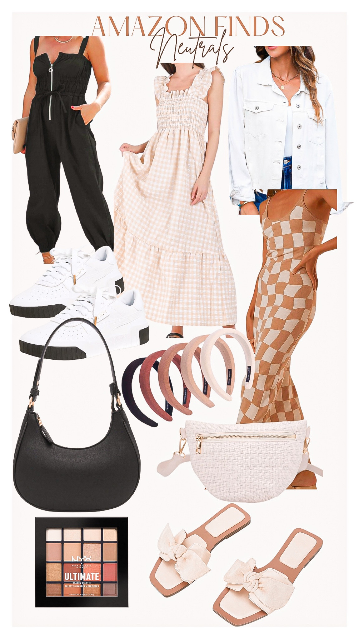 Amazon finds - neutrals edition 

Amazon fashion, Amazon finds, vacation outfit, travel outfit, black jumpsuit, gingham dress, brown and white dress, checkered dress,  neutral outfits, white denim jacket, white jack, puma sneakers, black purse, white sneaker, neutral headbands, white belt bag, nyx cosmetics, eyeshadow 

#LTKMostLoved #LTKfindsunder50 #LTKstyletip