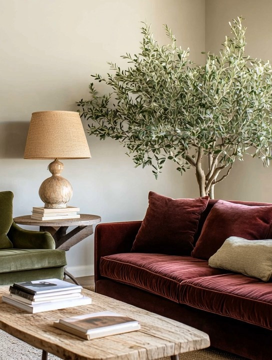 Simple, timeless Mediterranean European elegance—created with just a few intentional pieces. A rich burgundy velvet sofa anchors the space with warmth and depth, while an olive tree–style plant adds softness and an organic, European touch. Finished with a sculptural table lamp, the look feels calm, curated, and quietly luxurious.

This is a perfect example of mid-century modern European design, where old and new coexist beautifully. Velvet meets natural wood, greenery balances structure, and every element feels personal rather than styled for trends. It’s effortless, elegant, and endlessly timeless—ideal for modern homes that value character, restraint, and soul.

#EuropeanHomeDecor #MediterraneanStyle #TimelessInteriors 

 #LTKHome