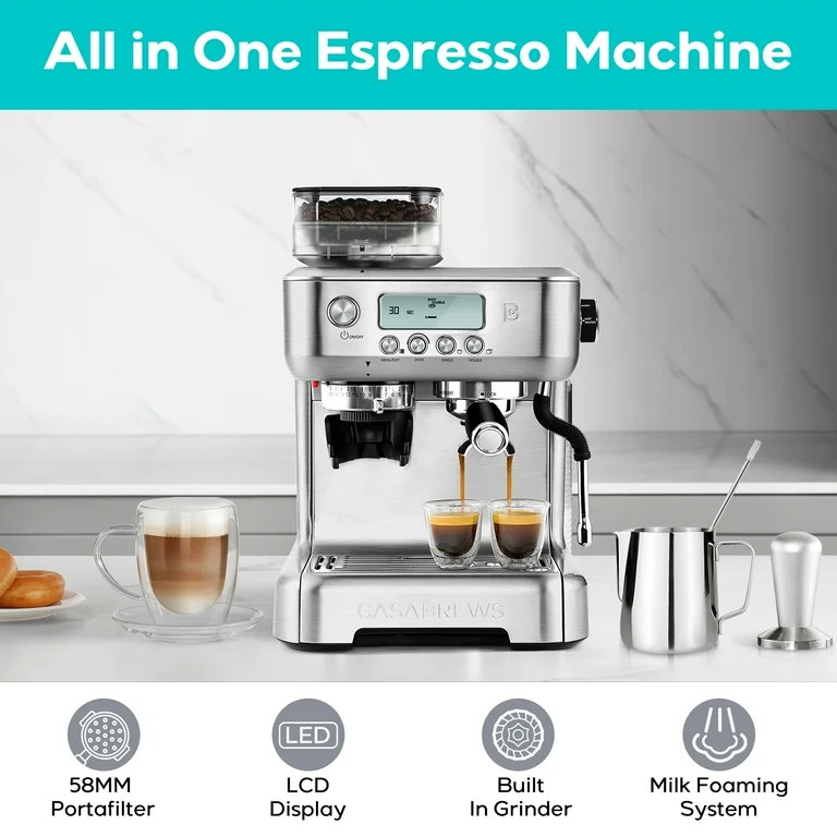 Casabrews 20 Bar Espresso Machine with LCD Display, Cappuccino Maker 92 fl oz Water Tank, Silver | Walmart (US)