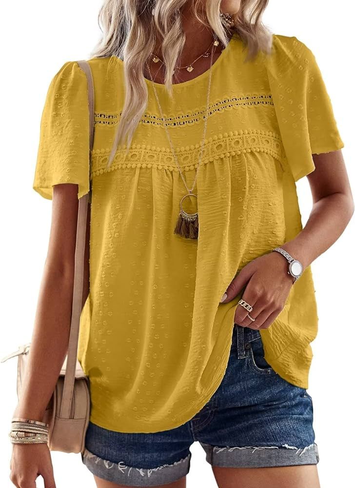 Womens Summer Tops Crewneck Short Sleeve Shirts Casual Chiffon Blouses Flowy Lace Hem Boho Clothi... | Amazon (US)