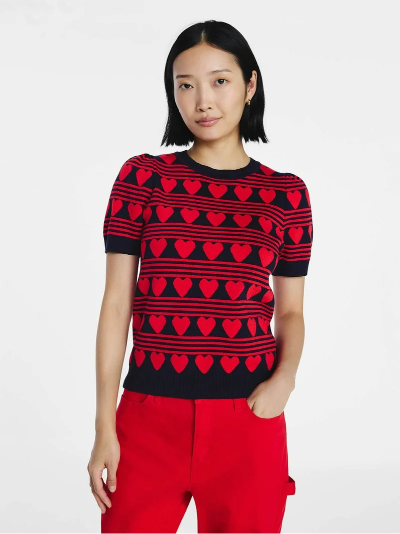 Free Assembly Women's Hearts Sweater Tee with Short Puff Sleeves, Sizes XS-XXL | Walmart (US)