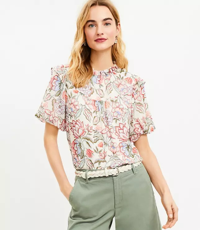 Floral Ruffle Neck Balloon Sleeve Top | LOFT