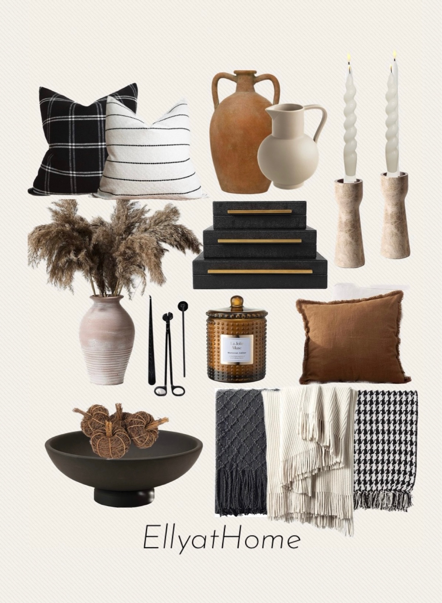 Moody fall styling! Black and neutral pillows, brown pillow, textured vases, natural stone candleholders, fall faux arrangement, fragrant candles and accessories, pedestal bowl, pumpkin fill, cozy and comfy throw blankets, black storage boxes. Amazon home finds. 

#LTKSeasonal #LTKhome #LTKunder50