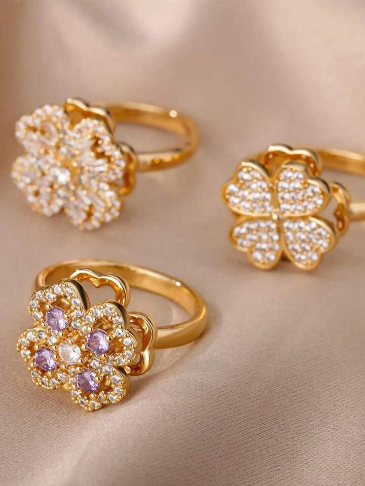 1 Pc Spinner Heart Four Leaf Clover Rings For Women Anti Stress Anxiety Fidget Ring Stainless Ste... | SHEIN