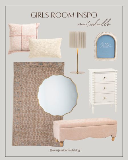 Pink girls room inspiration and decor, scalloped pink storage bench, throw pillows, accent lamp, wave lamp shade, fluted lamp, vintage style nightstand, wave mirror, gold wall mirror 

#LTKKids #LTKHome
