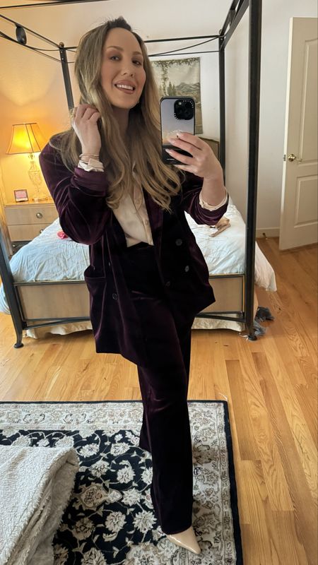 Loved my cozy, velvet burgundy suit from Revolve that you can either dress up or down! The button downed iridescent blouse from Anthropologie went perfectly with it as well 💕

#LTKworkwear #LTKHoliday #LTKstyletip