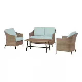 StyleWell Park Pointe 4-Piece Wicker Patio Conversation Set with Seabreeze Blue Cushions GC-11115... | The Home Depot