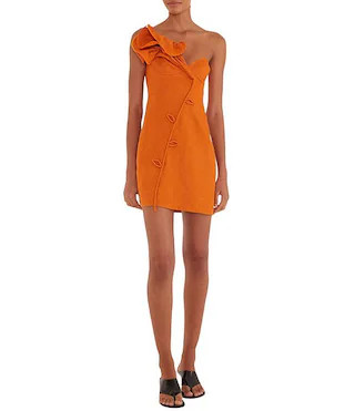 Orange One Shoulder Sweetheart Neckline Flower Applique Mini Linen Dress | Dillard's