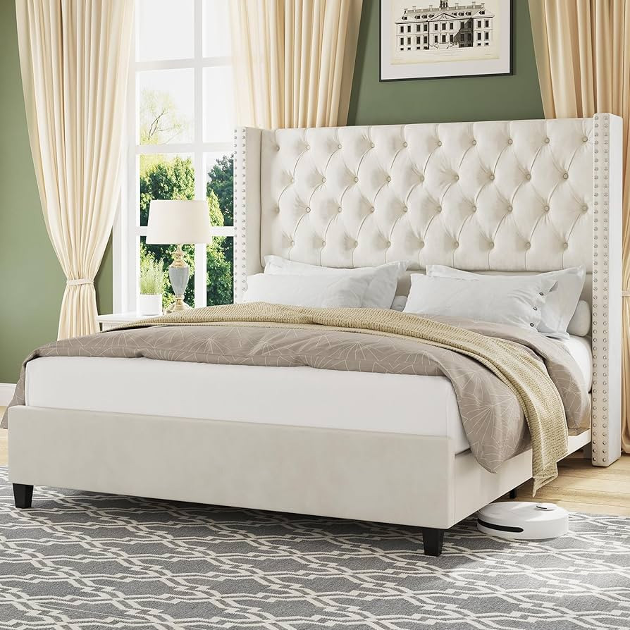 Jocisland Queen Upholstered Bed Frame with Tall Headboard Wingback Platform Bed Tufted Deep Butto... | Amazon (US)