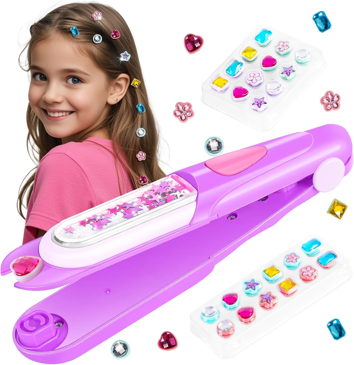 Hair Gem Stamper Kit, Bling Hair Jewels for Girls Toys, Hair Styling Tool with Reusable Shining Diamonds, Birthday Gifts Toys for Girls Ages 3 4 5 6 8-12 (Purple) | Amazon (US)