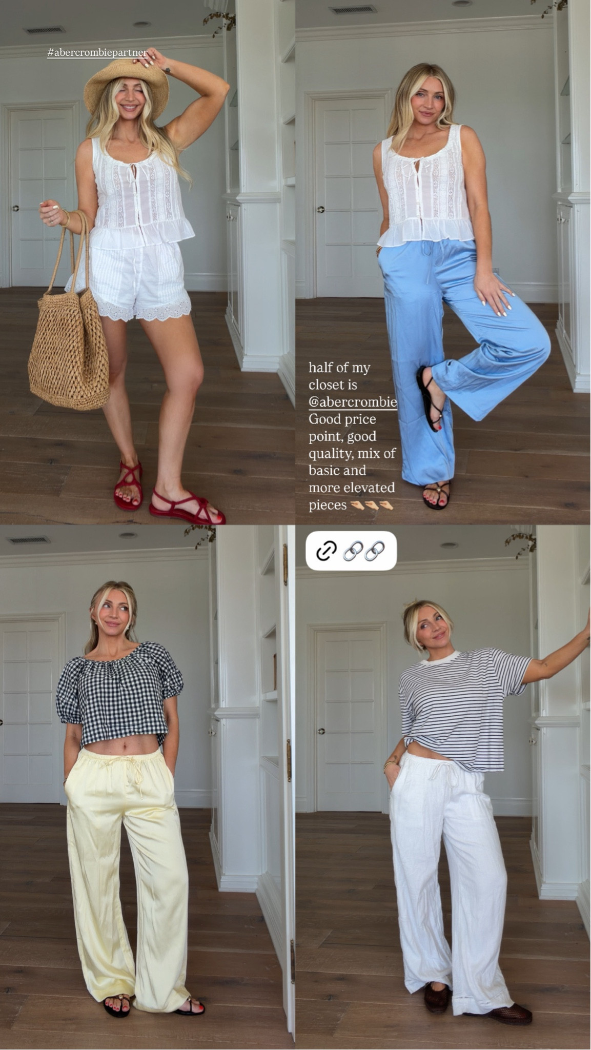 Recent Abercrombie haul! 

White shorts- small 
White top- small 

Blue pants- xs short 
White top- small 

Yellow pants- xs short 

White linen pants- small short 
Strioe shirt- m 

@abercrombie #abercrombiepartner